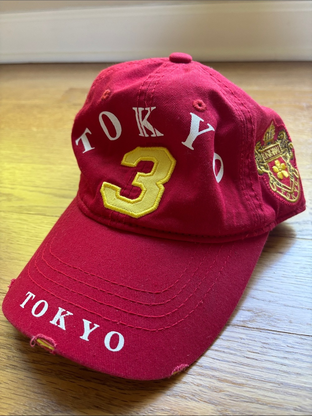 Robin Ruth Red Baseball Cap with Yellow Embroidered '3'